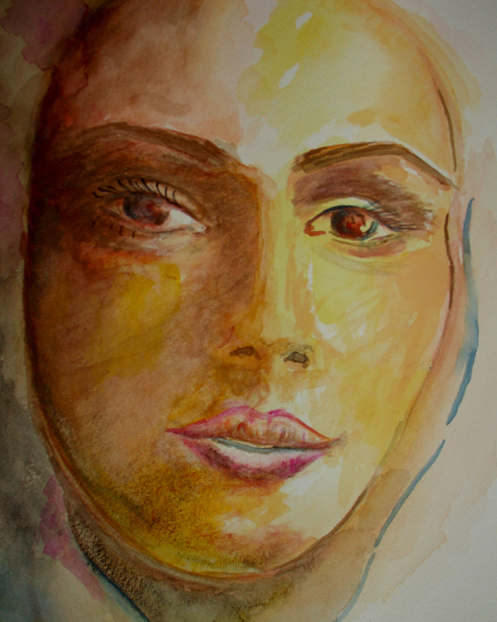 Painting of a smiling woman's face in warm colors